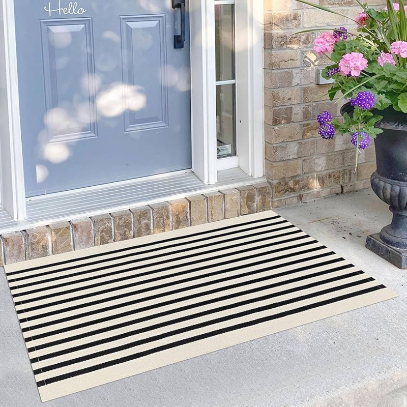 Doormat: Woven Horizontal Stripes Beige And Black Front Porch Rug