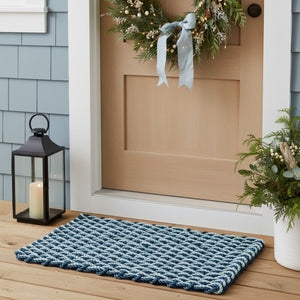 Doormat Woven Rope Navy Seafoam Double Weave Coastal