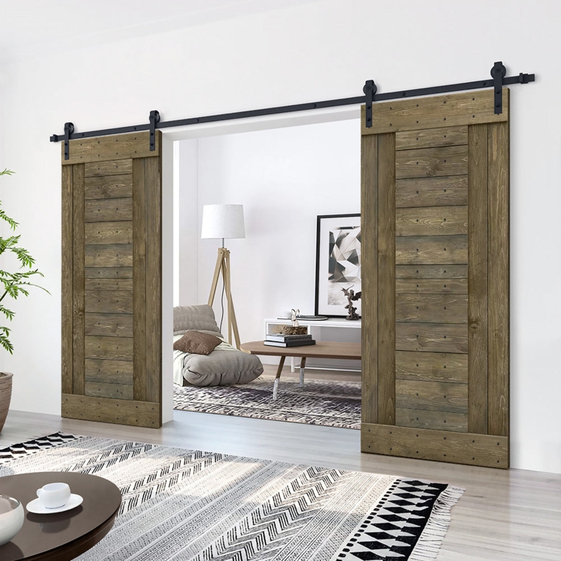 Double Barn Door Horizontal Plank Wood Toned Exposed Track Rustic Industrial