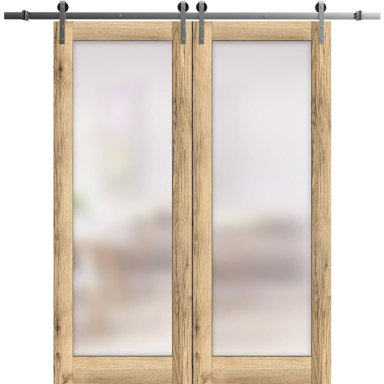 Double Barn Door Oak Frosted Glass Top Mount Rollers Rustic Contemporary