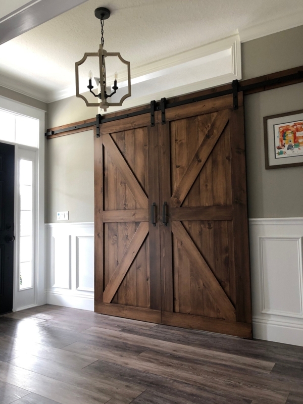 Double Barn Doors Rich Brown Stain X-Brace Entryway Ideas