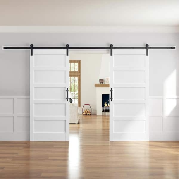 Double Barn Doors White Five Panel Black Hardware Transitional Sliding
