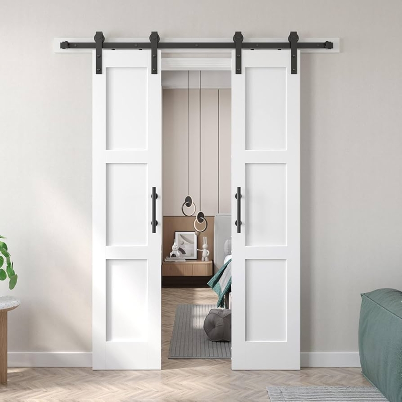 Double Barn Doors White Three Panel Black Hardware Kit