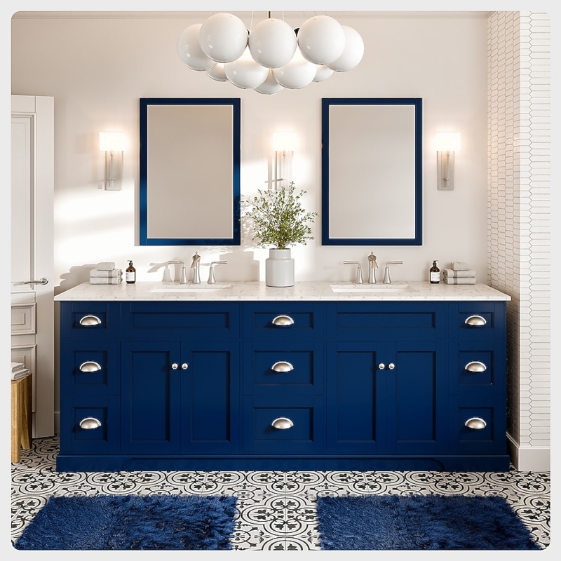 Double Bathroom Vanity 84 Inch Navy Blue Shaker Style Quartz Top