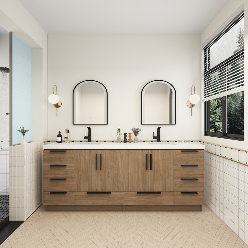 Double Bathroom Vanity Arched Black Mirrors Wood Tones Matte Finish
