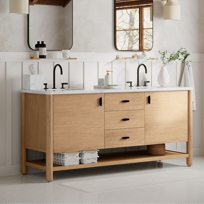 Double Bathroom Vanity Dune Finish Open Bottom Shelf Marble Top