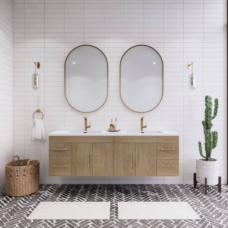 Double Bathroom Vanity Floating Light Wood Gold Hardware Integrated Top