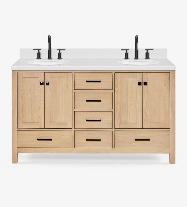 Double Bathroom Vanity Light Oak Finish Matte Black Hardware Shaker