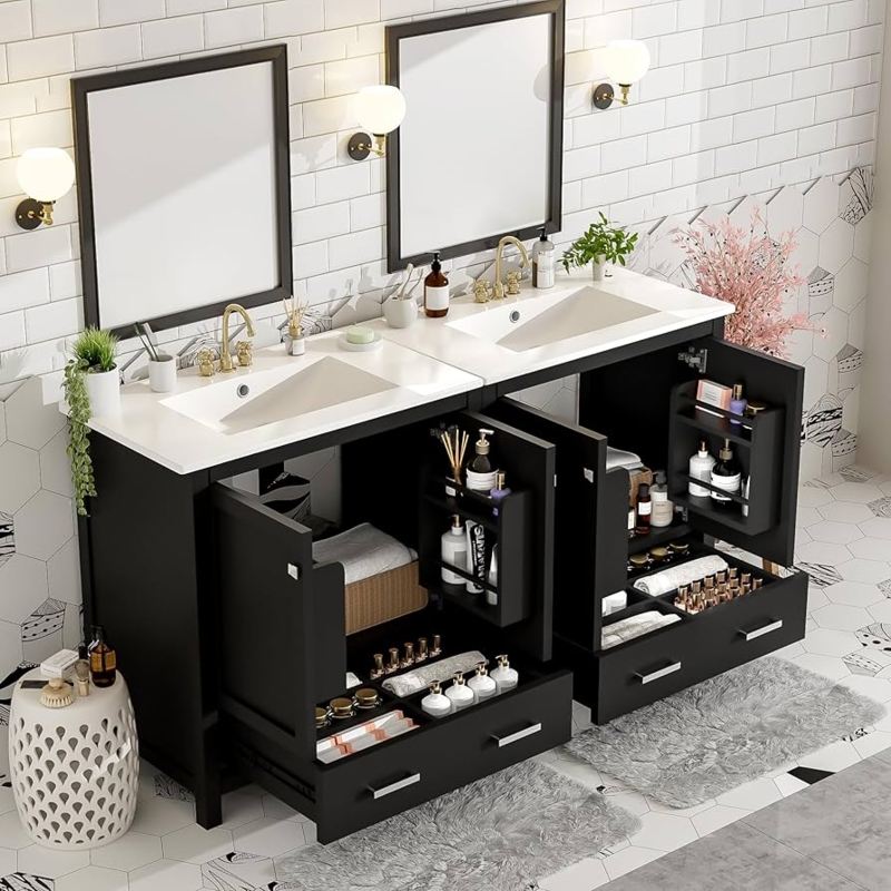 Double Bathroom Vanity Matte Black Door Mounted Shelves Storage
