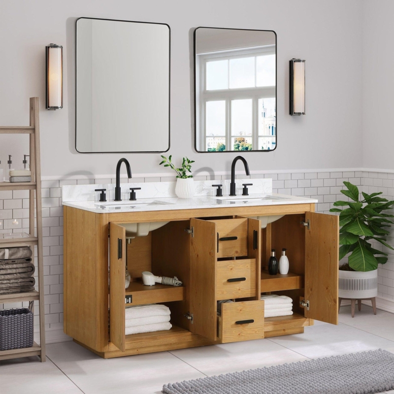 Double Bathroom Vanity Natural Wood Finish Open Storage Shelving