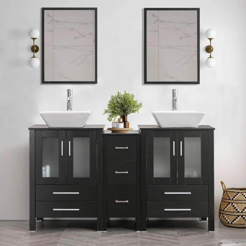 Double Bathroom Vanity Set Black Modular Square Vessel Sinks