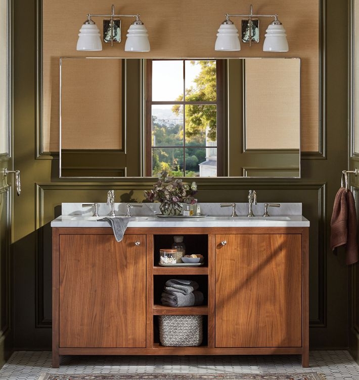 Double Bathroom Vanity Walnut Open Central Shelving Transitional Style