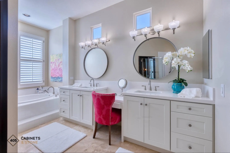 Double Bathroom Vanity White Split Layout Makeup Desk Pink Velvet Chair