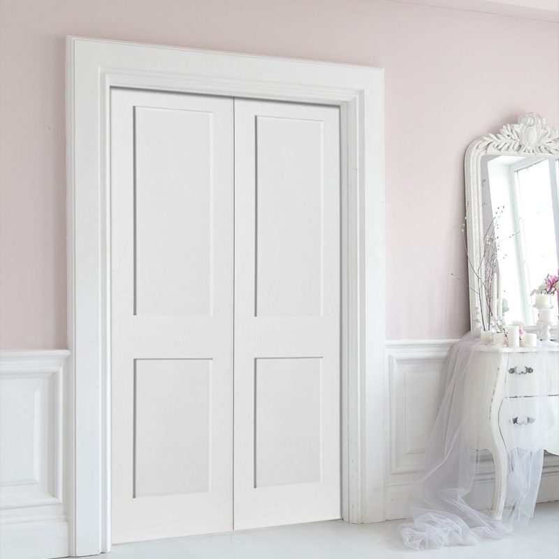 Double Doors White Shaker 2-Panel Thick Casing Transitional