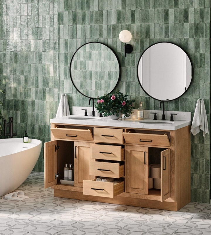 Double Sink Bathroom Vanity Oak Finish Matte Black Hardware Storage