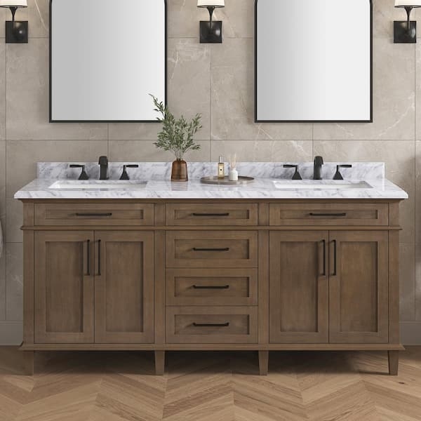 Double Sink Vanity Almond Latte Finish Marble Top Black Hardware