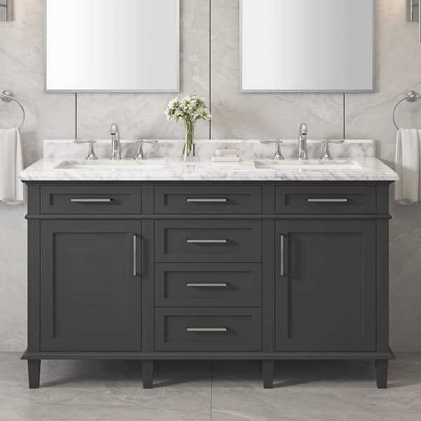 Double Sink Vanity Dark Charcoal Finish Marble Countertop Shaker Style