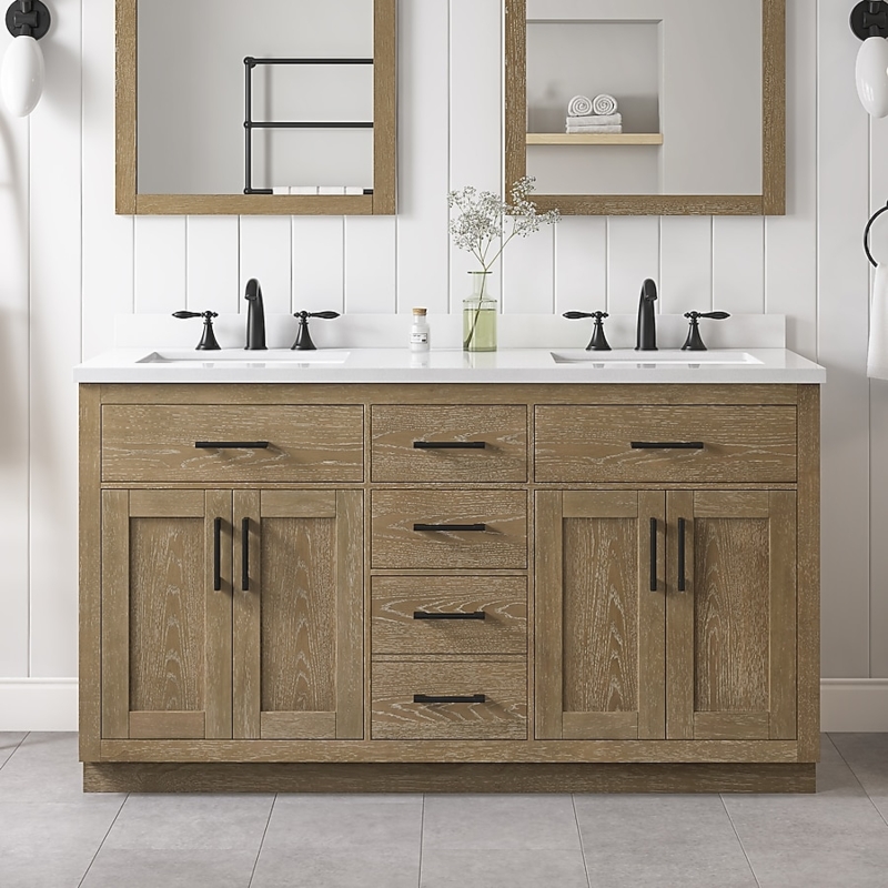 Double Sink Vanity Driftwood Oak Finish Matte Black Shaker Style