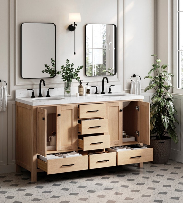 Double Sink Vanity in Light Oak with Matte Black Hardware