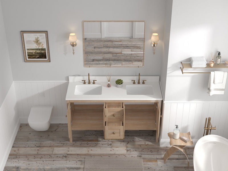 Double Sink Vanity Light Oak Open Shelf Storage Scandinavian Style