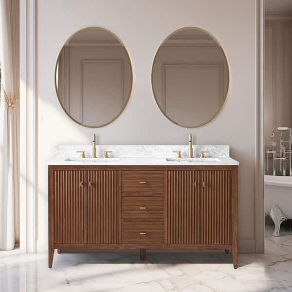 Double Sink Vanity Ribbed Cabinetry Walnut Finish Mid-Century Gold