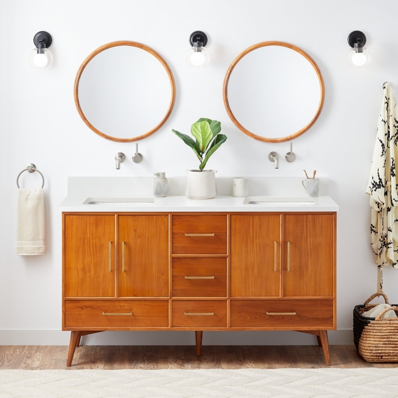 Double Vanity Mid Century Warm Wood Tapered Legs Wall Mounted Faucets