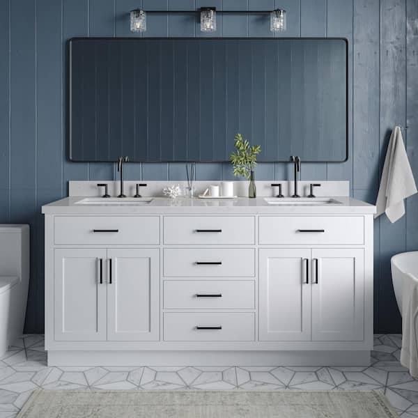Double Vanity with Navy Wall Paneling & Black Hardware
