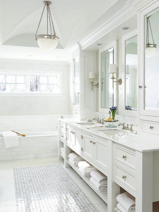 Double Vanity with Open Shelving & Vaulted Ceiling