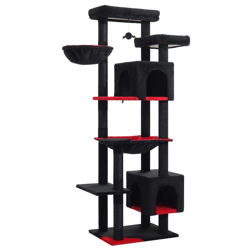 Dramatic 69 Inch Tall Cat Tree with Red Accents