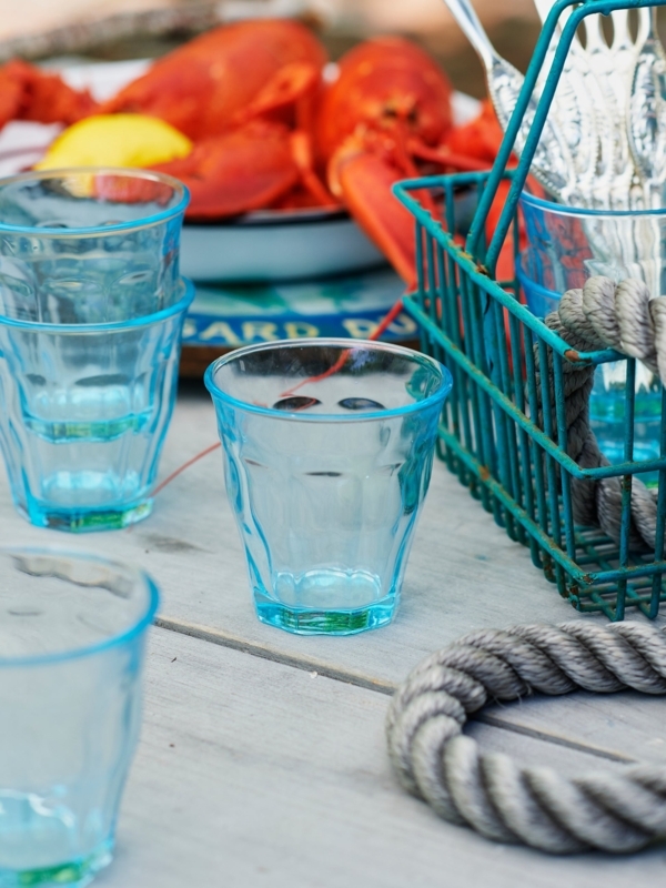 Drinking Glass Aqua Blue Tint Fluted Sides Nautical Styling Stackable