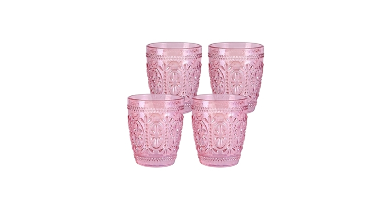 Drinking Glass Set Embossed Floral Pattern Beaded Rim Romantic