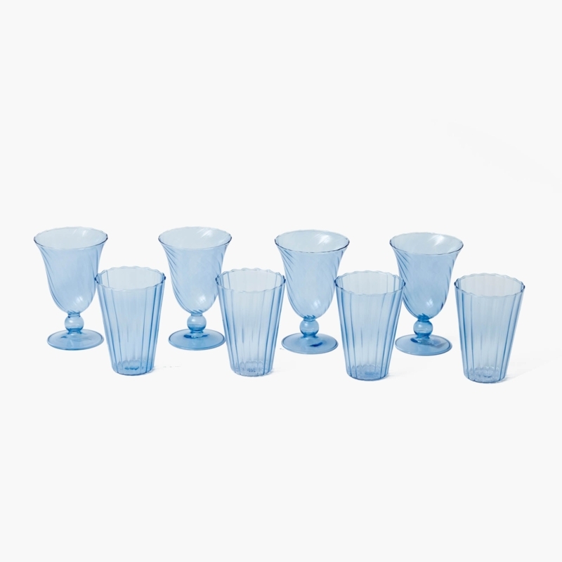 Drinking Glass Set Light Blue Textured Fluting Mixed Vessel Types