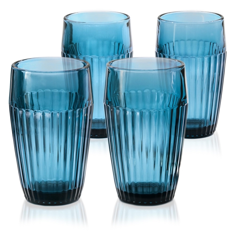 Drinking Glass Set Peacock Blue Ribbed Texture Tapered Mid-Century