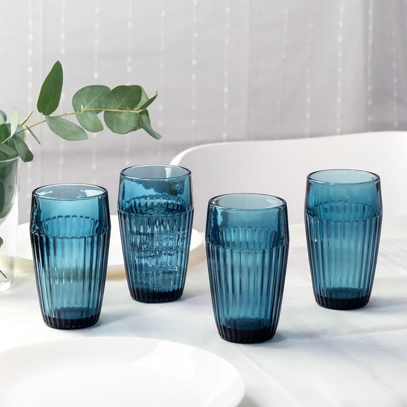 Drinking Glass Teal Blue Tint Ribbed Textured Tapered Highball