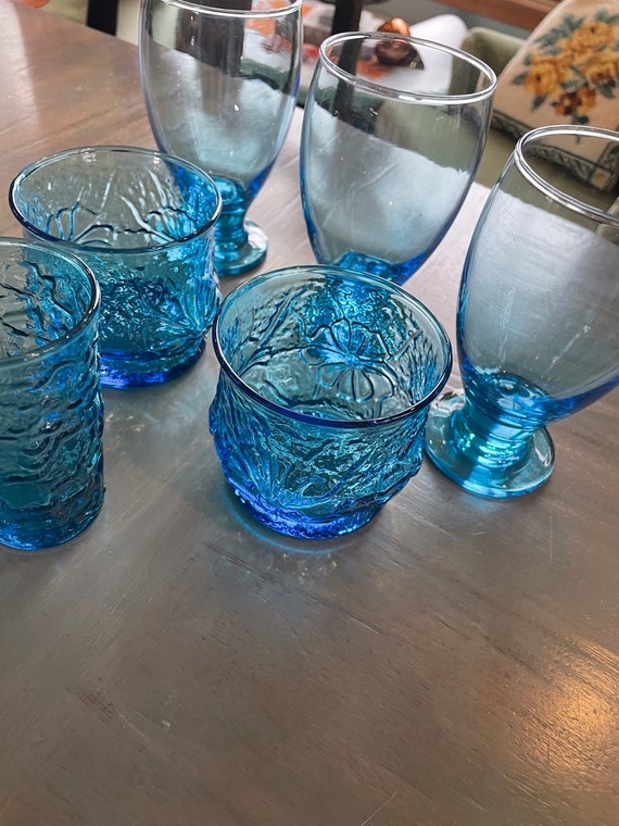 Drinking Glasses Aqua Blue Floral Relief Texture Footed Goblet