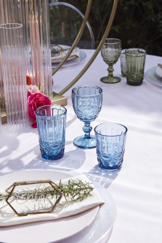 Drinking Glasses Embossed Blue Glass Vintage Inspired Relief Stemmed