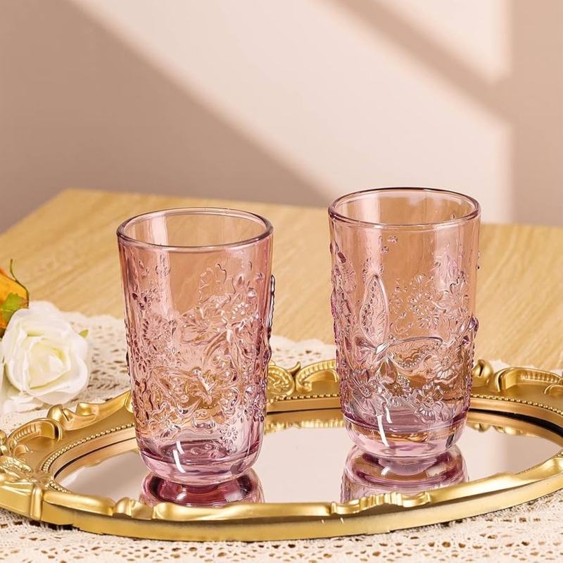 Drinking Glasses Embossed Butterfly Motif Floral Pattern Farmhouse