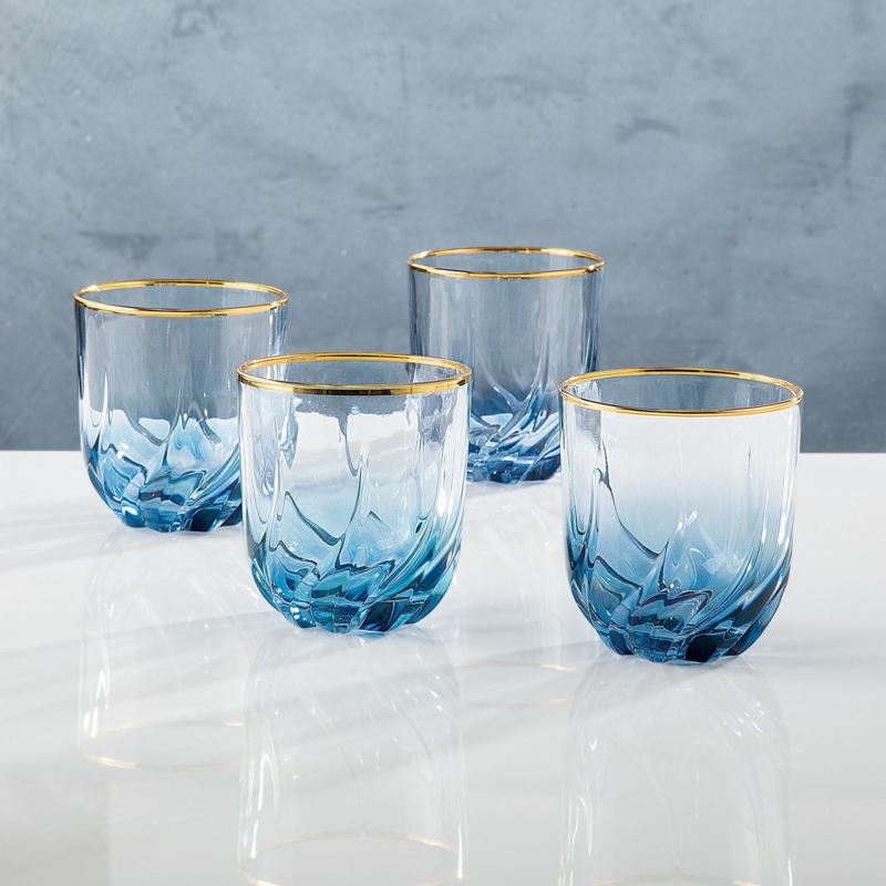 Drinking Glasses Gold Rim Blue Tinted Swirling Base Coastal Glam