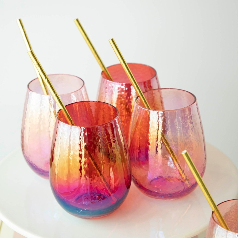 Drinking Glasses Pink Blue Iridescent Luster Finish Hammered Stemless