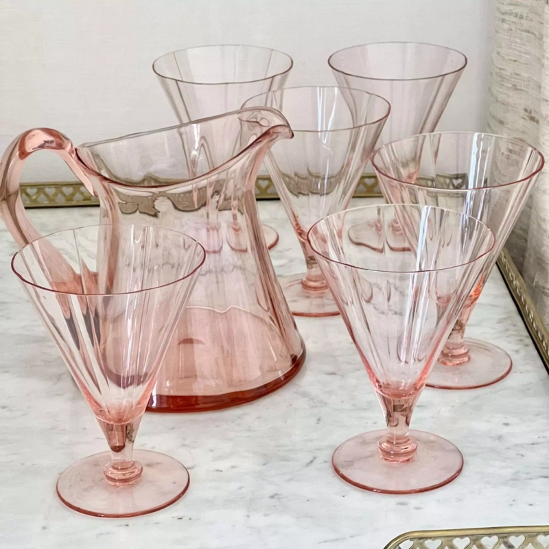 Drinkware Set Blush Fluted Glass Art Deco Pitcher Conical