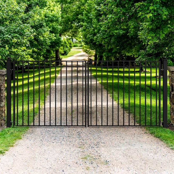 Driveway Gate Dual Swing Vertical Pickets Matte Steel Entrance