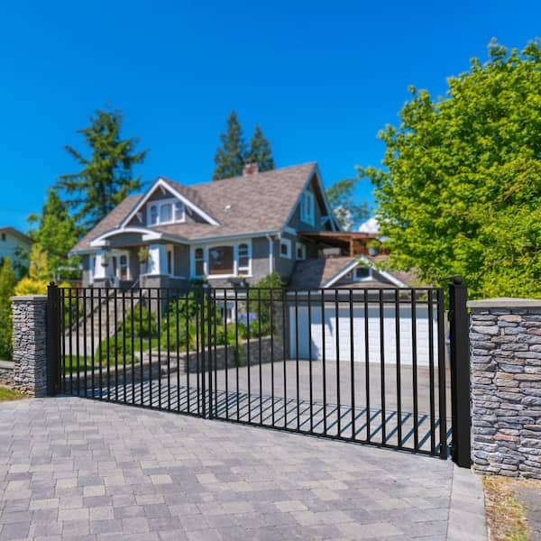 Driveway Gate Minimalist Picket Flat Top Steel Stone Pillar Idea