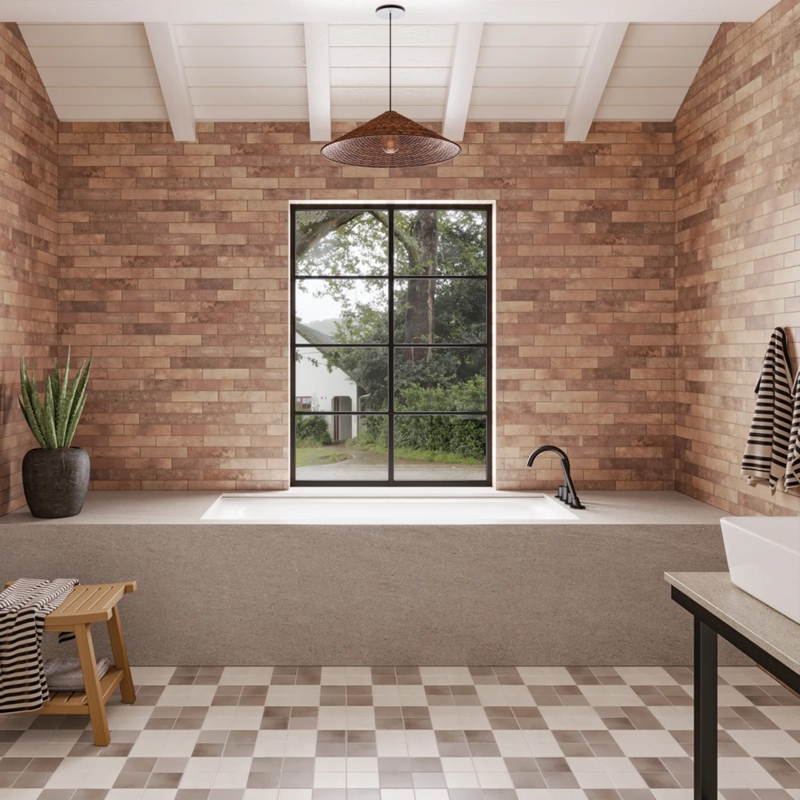 Drop-In Bathtub Bathroom: Rustic Brick Wall & Checkerboard Floor