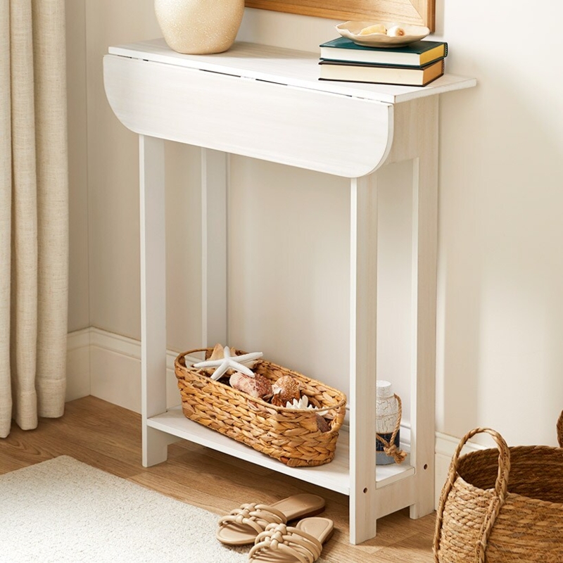 Drop-Leaf Console Table Whitewashed Finish Coastal Hallway