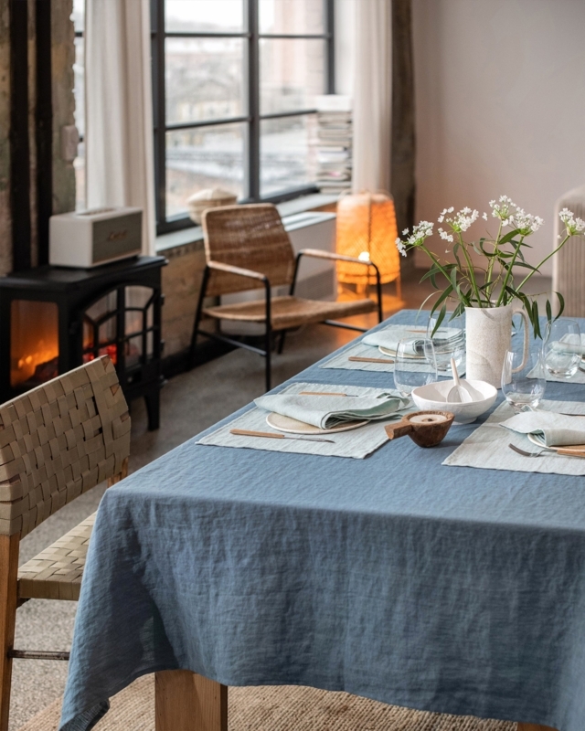 Dusty Blue Linen Tablecloth with Woven Texture for Scandi Style Setting.