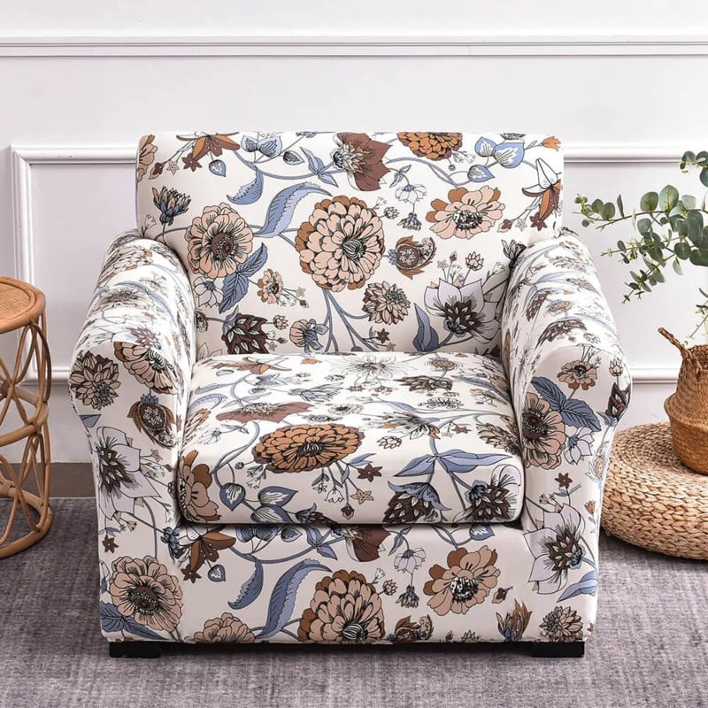 Earth Tone Floral Armchair Slipcover Vintage Inspired Stretch Fit