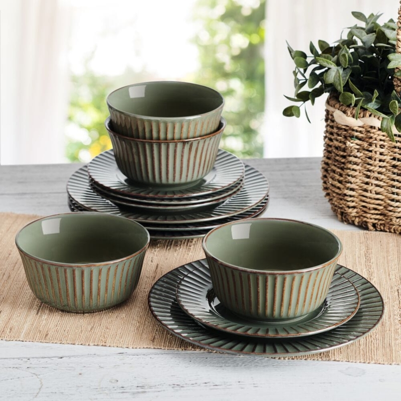 Earth Toned Sage Green Dinnerware Set with Vertical Ribbed Texture