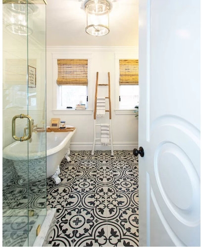 Eclectic Bathroom Patterned Floor Tile Woven Roman Shades Airy