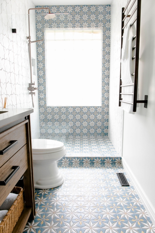 Eclectic Bathroom Sunburst Patterned Tile Floor To Ceiling Brass