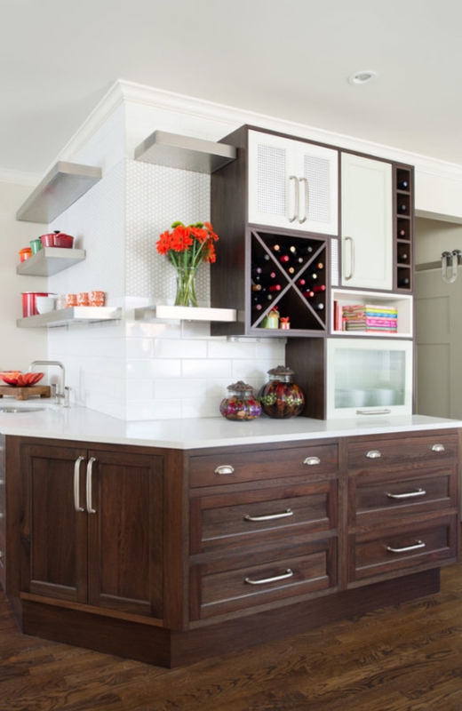 Eclectic Kitchen Storage: Mixed Upper Cabinets, Dual Pattern Backsplash